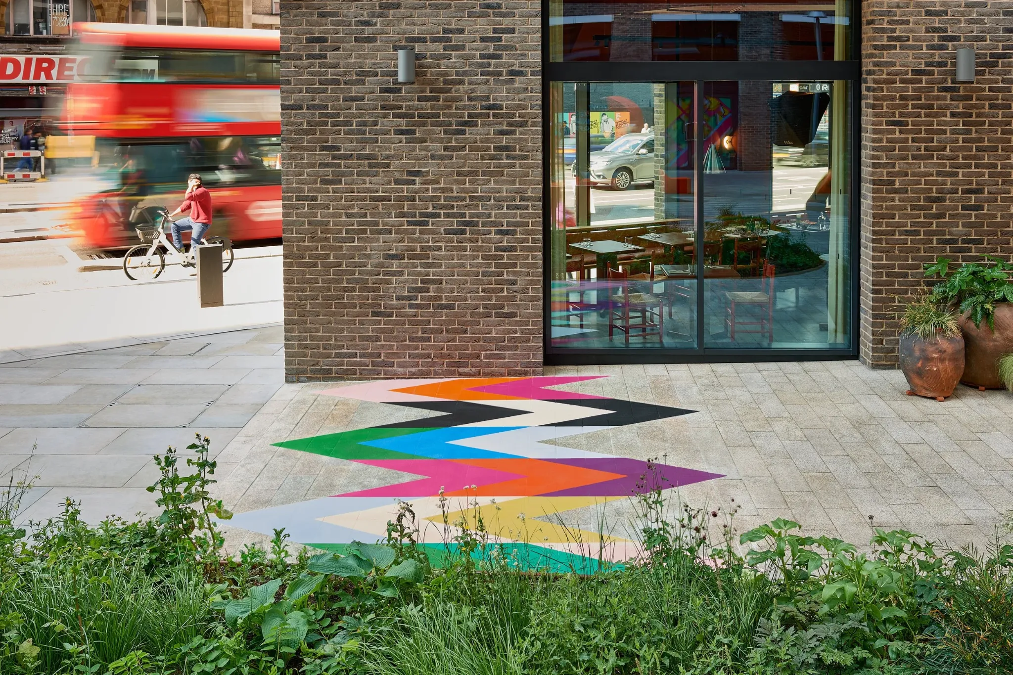 Colourful Intersection artwork marking the entrance to a public garden